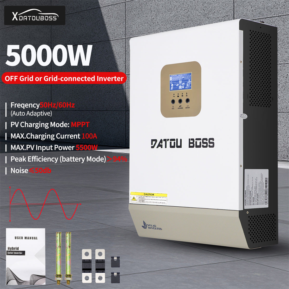 5000W Pure Sine Wave Hybrid Inverter 48V DC To 230V AC Off Grid Inverter With 100A MPPT Solar Controller LCD Display - 5000W