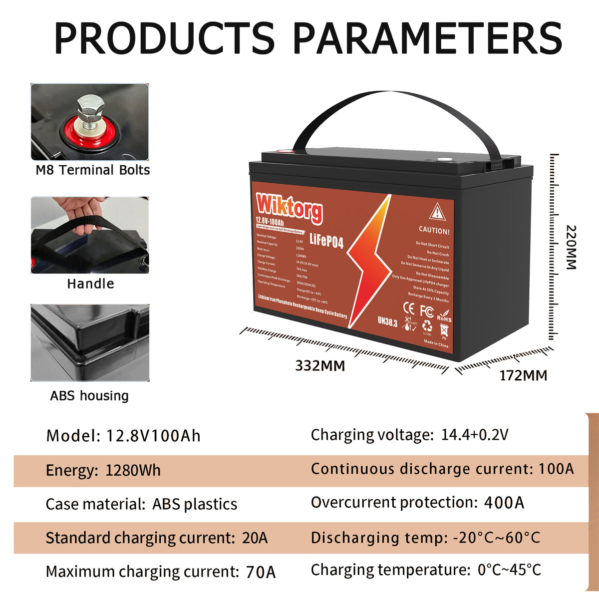 WIKTORG 12.8V 100ah LiFePO4 Battery (LFP)Rechargeable Battery with BMS