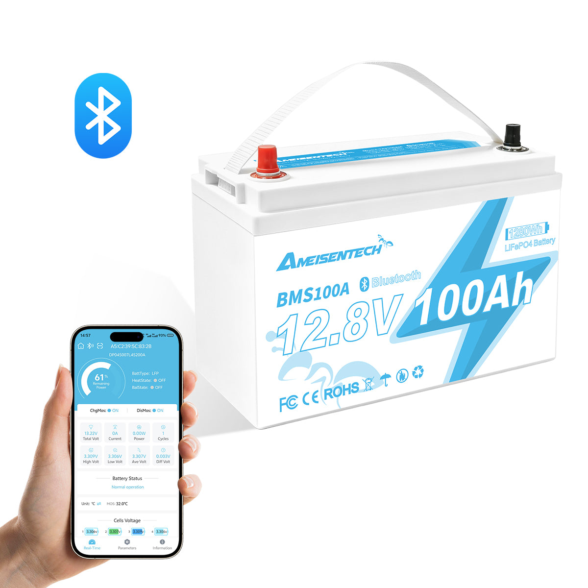 AMEISENTECH LiFePO4 12V 100AH Rechargeable LFP Battery with BMS Bluetooth App Control