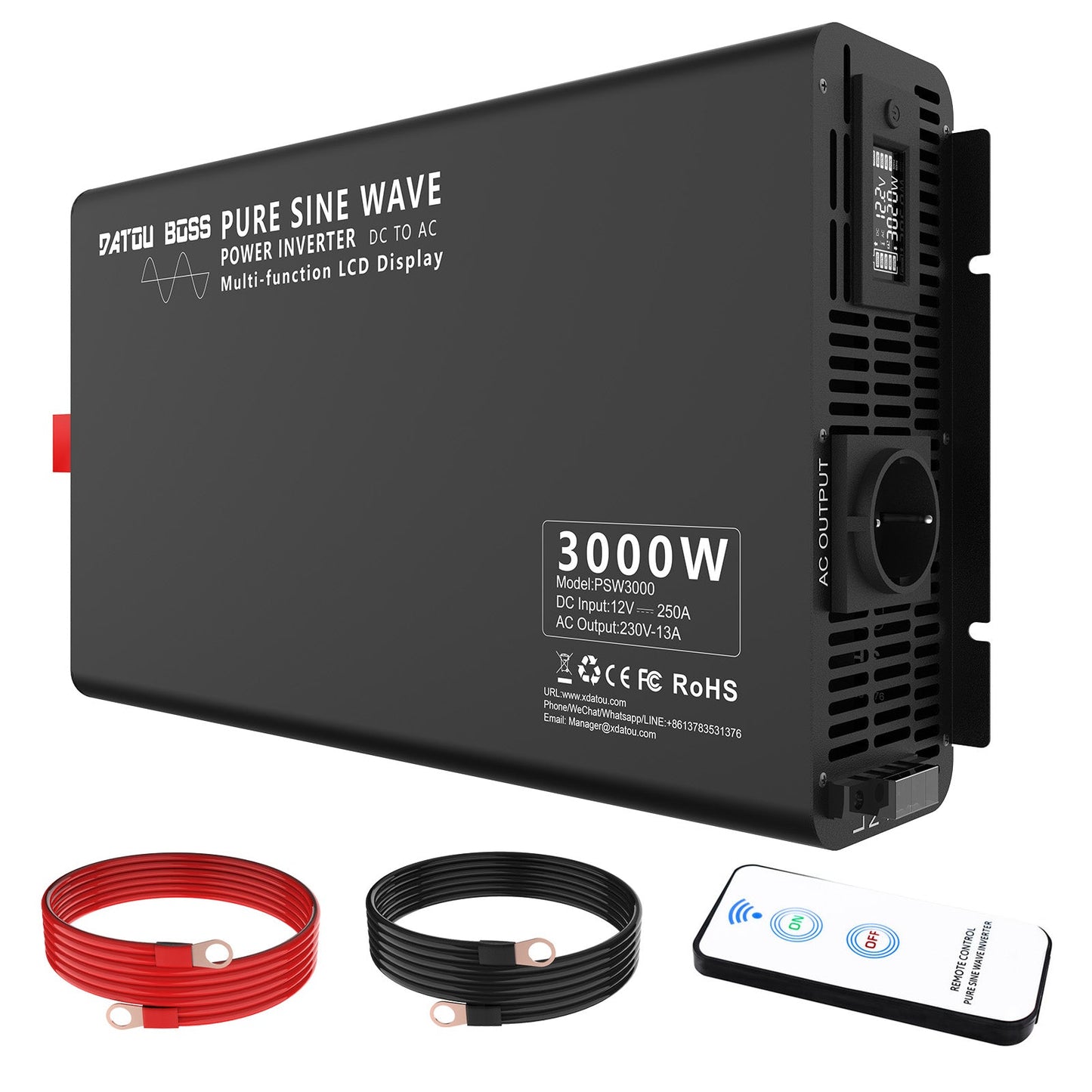 3000W Pure Sine Wave Inverter 12V to 220V with EU Socket Remote Control LCD Display for Cars Electrical Use