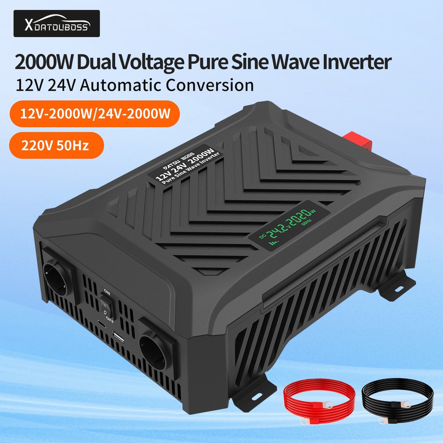 Portable Car Inverter 2000W Pure Sine Wave Dual Voltage Inverter 12V to 24V Auto Switching Solar Inverter