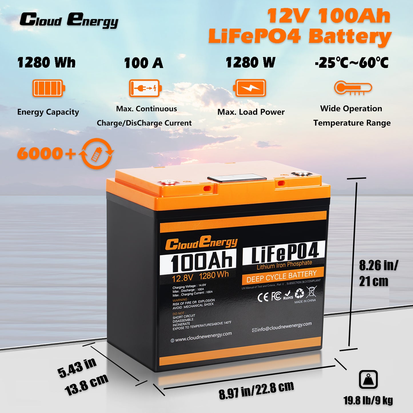 CloudEnergy 12.8V 100Ah LiFePO4 Li-ion Battery