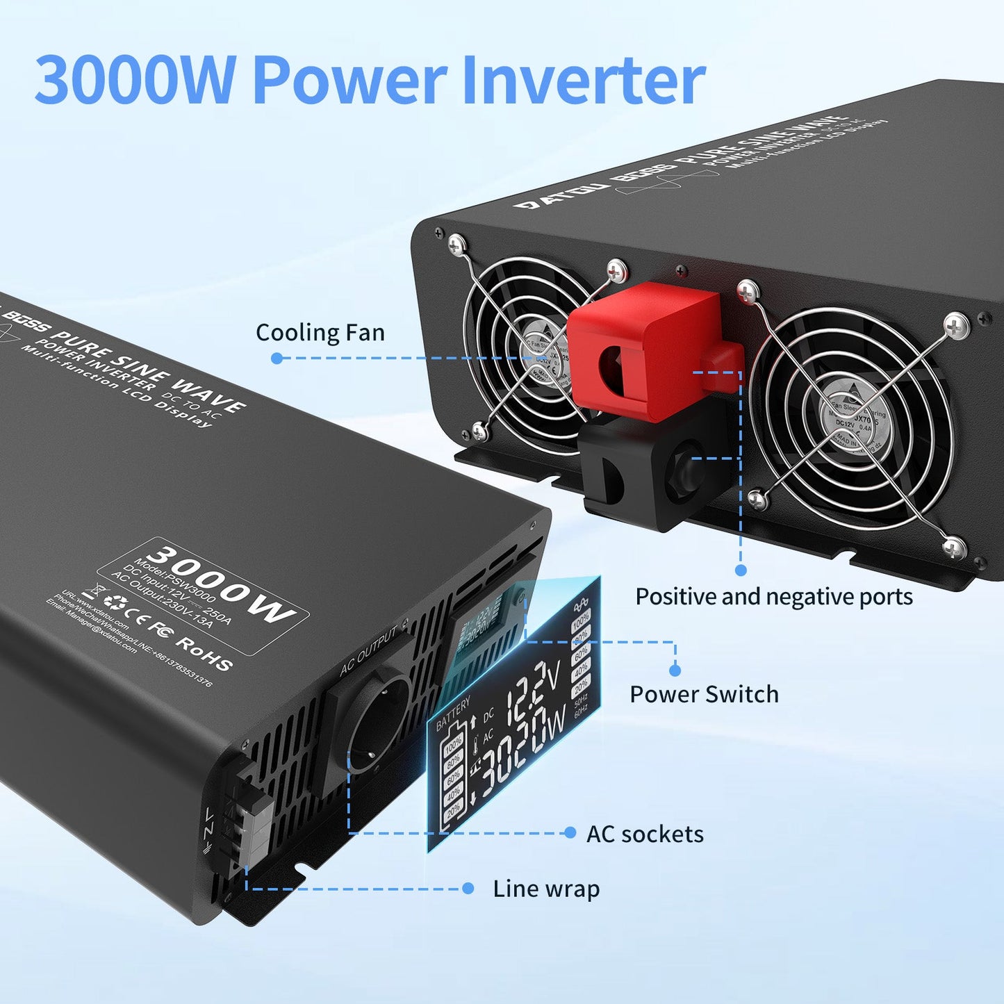 3000W Pure Sine Wave Inverter 12V to 220V with EU Socket Remote Control LCD Display for Cars Electrical Use