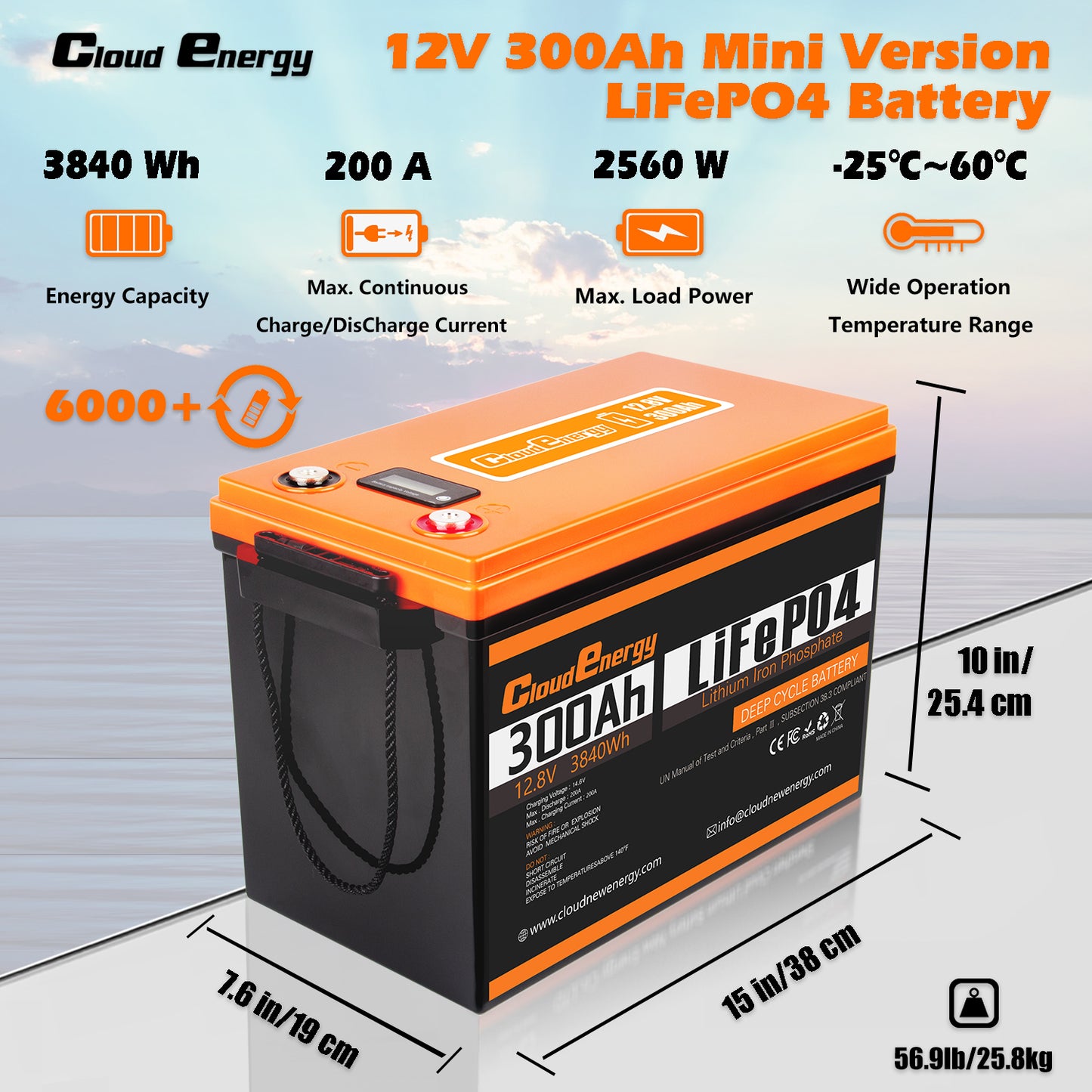 CloudEnergy 12.8V 300Ah LiFePO4 Rechargeable Battery