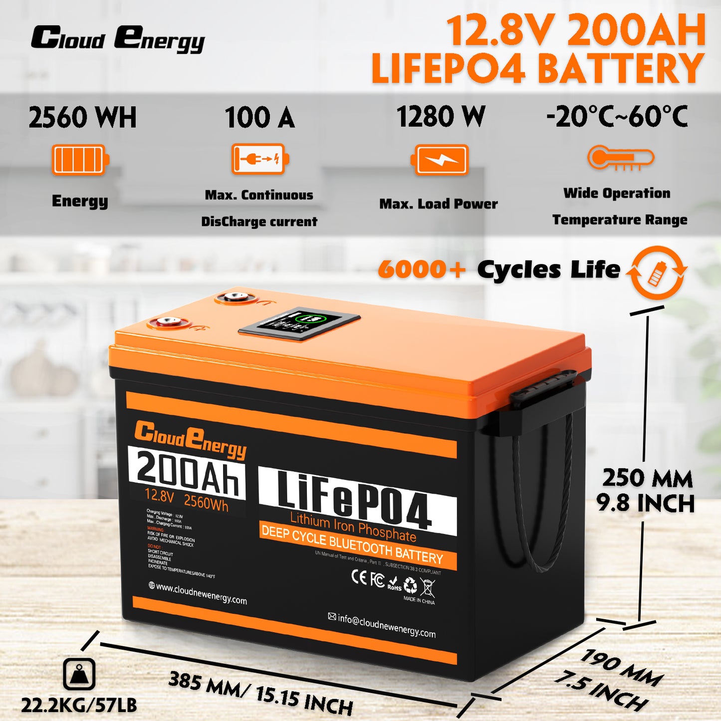 CloudEnergy 12.8V 200Ah LiFePO4 Rechargeable Battery 100A Bluetooth BMS
