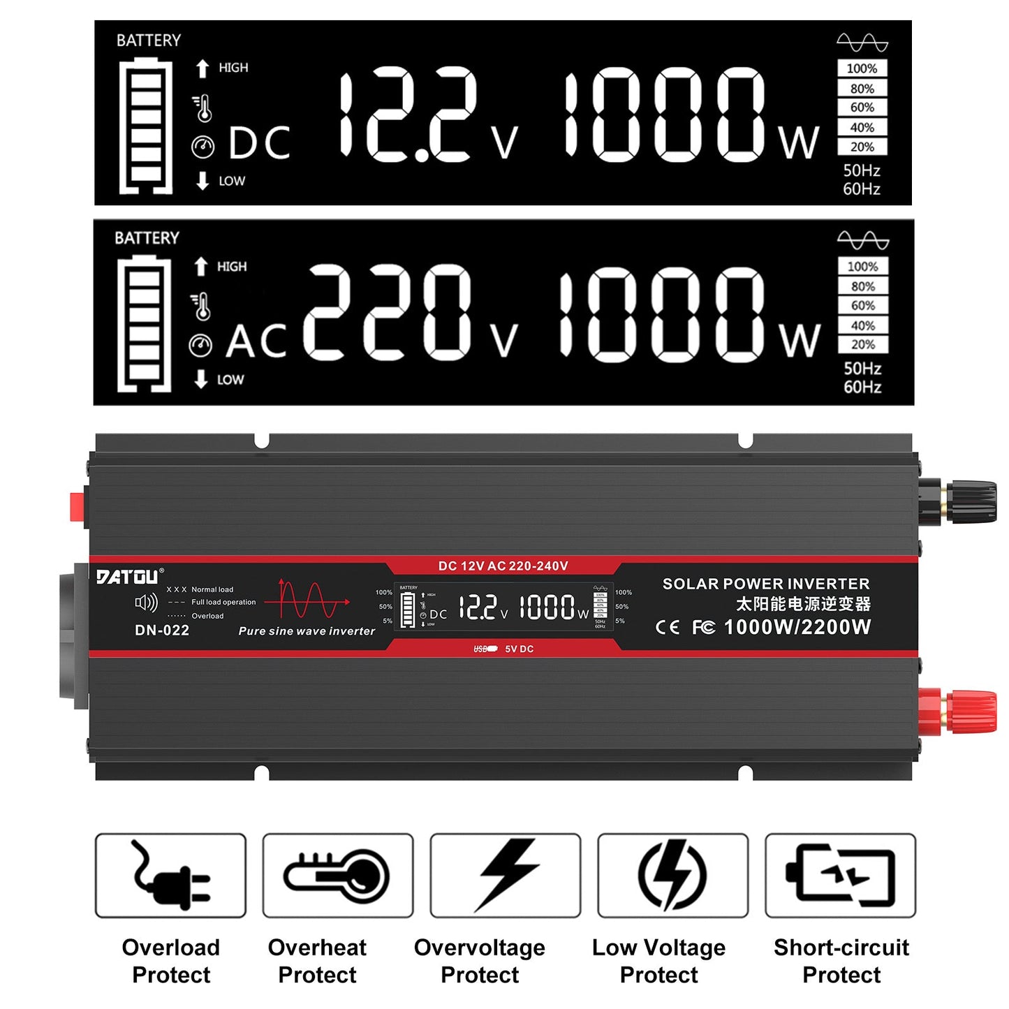 Inverter 1000W DC12V-AC230V Pure Sine Wave Converter with LCD Display
