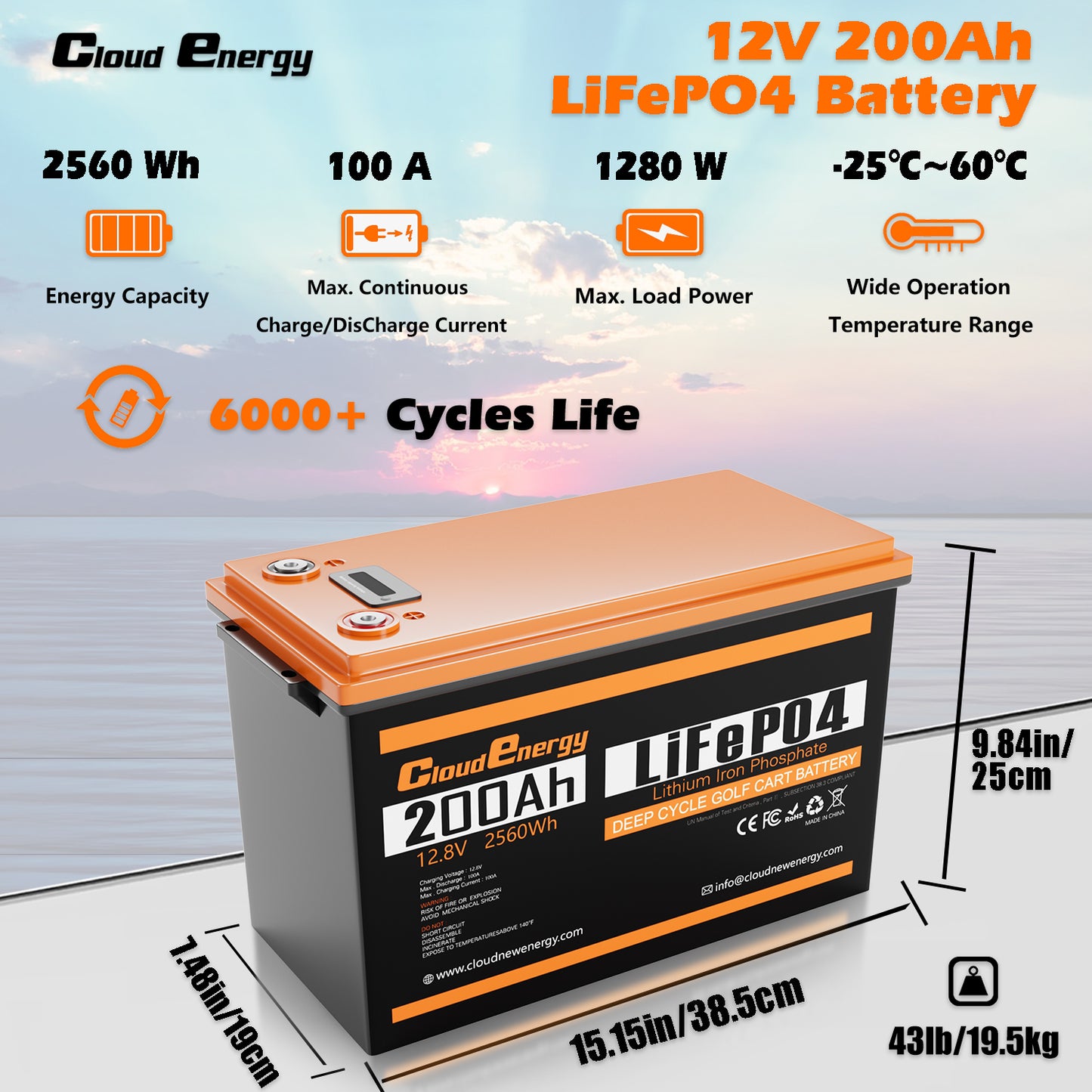 CloudEnergy 12.8V 200Ah LiFePO4 Rechargeable Battery 2560Wh
