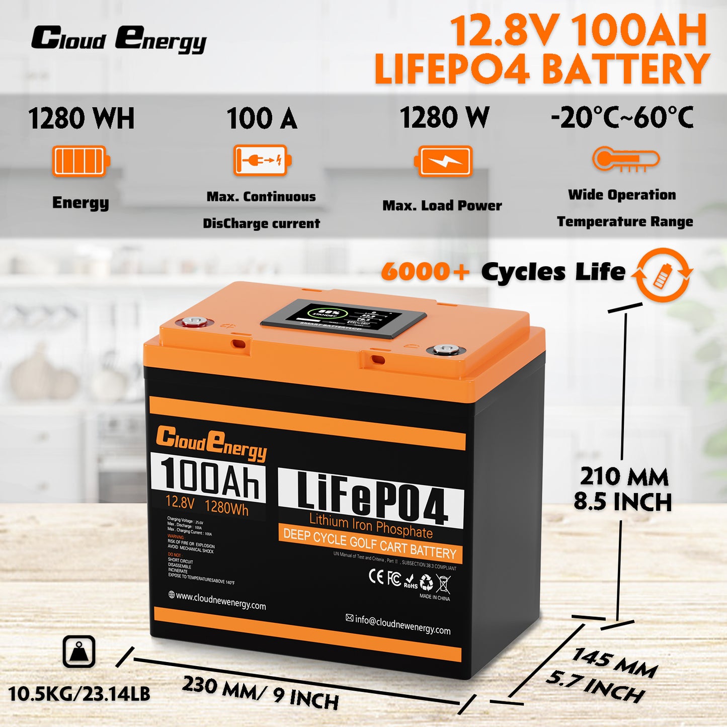 CloudEnergy 12.8V 100Ah LiFePO4 Rechargeable Battery