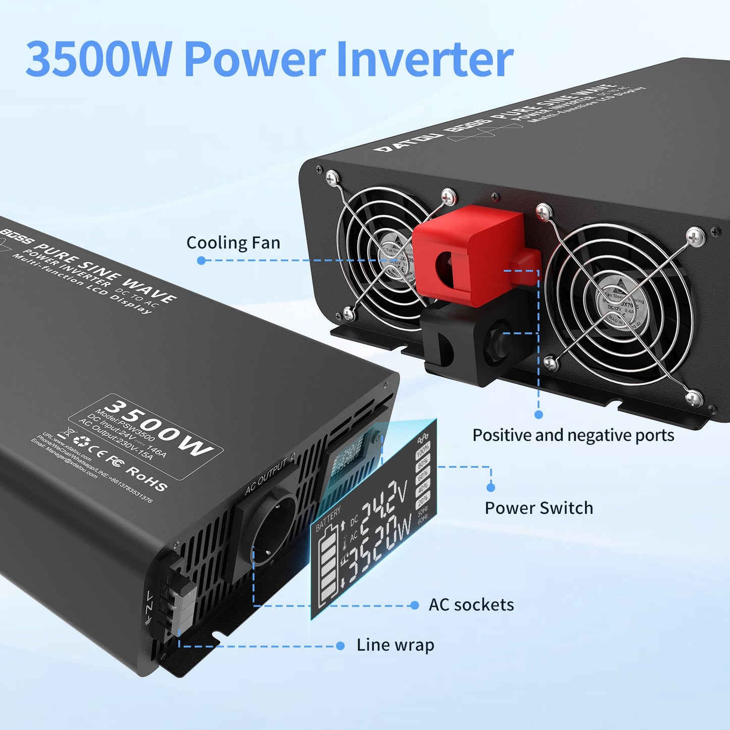 3500W Pure Sine Wave Inverter 24V to 220V with EU Socket Remote Control LCD Display for Cars Electrical Use