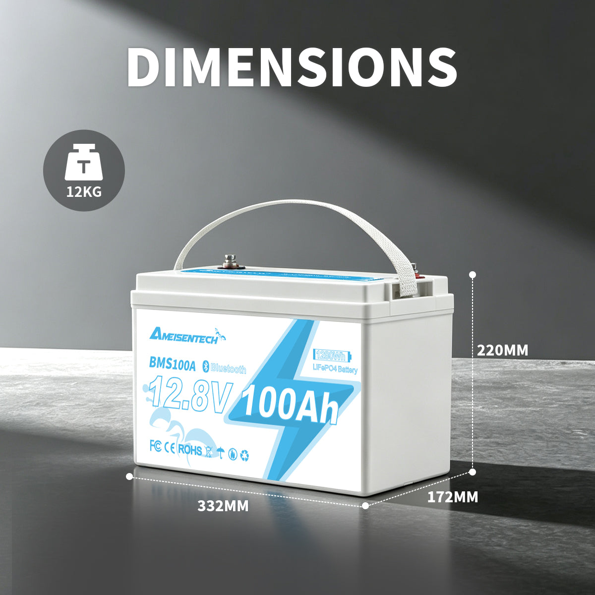 AMEISENTECH LiFePO4 12V 100AH Rechargeable LFP Battery with BMS Bluetooth App Control