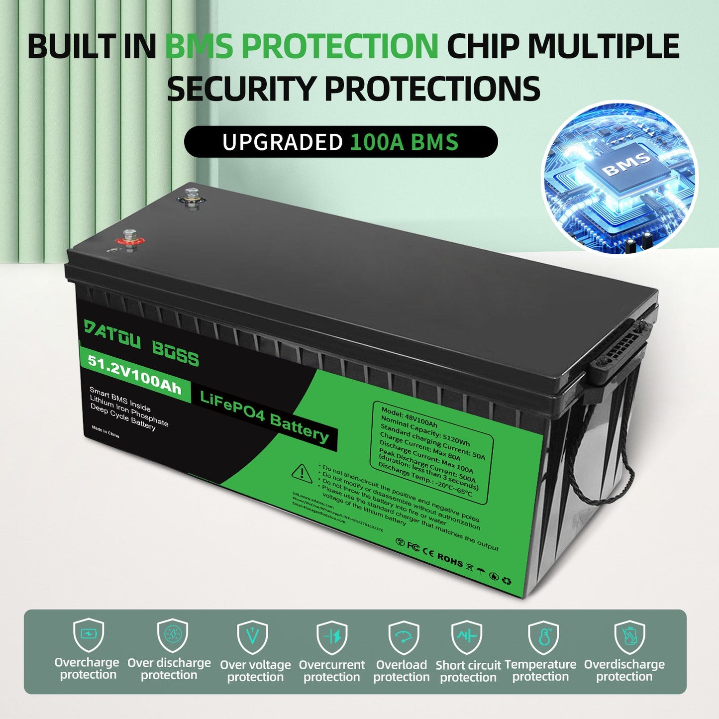 48V 100Ah LiFePO4 battery with BMS 8000Cycles for Inverter, Motorhome, Solar System, Boat, Household, Solar