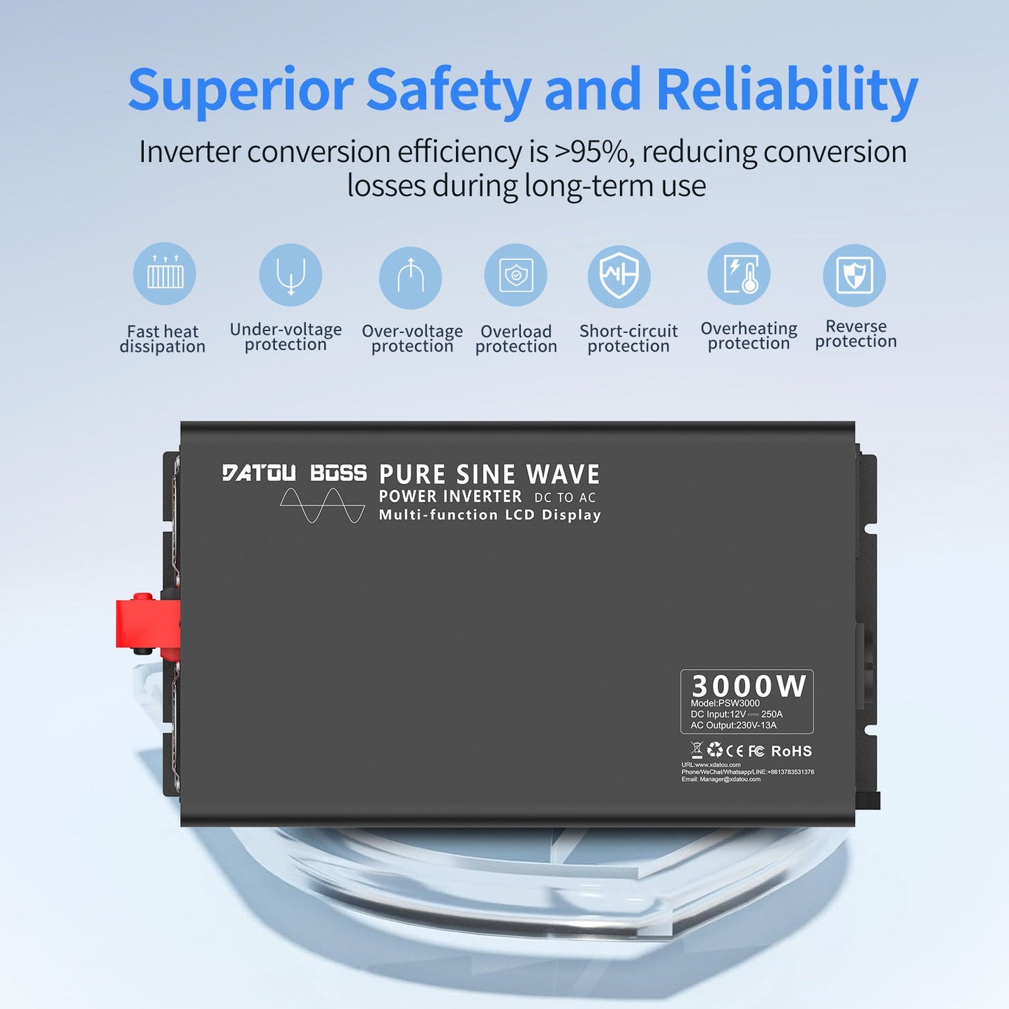 3000W Pure Sine Wave Inverter 12V to 220V with EU Socket Remote Control LCD Display for Cars Electrical Use