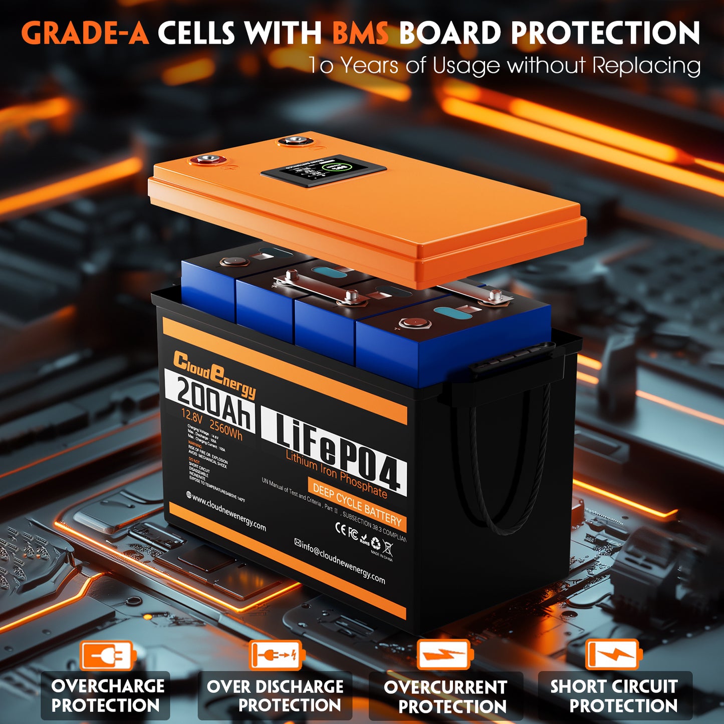 CloudEnergy 12.8V 200Ah LiFePO4 Rechargeable Battery 100A Bluetooth BMS