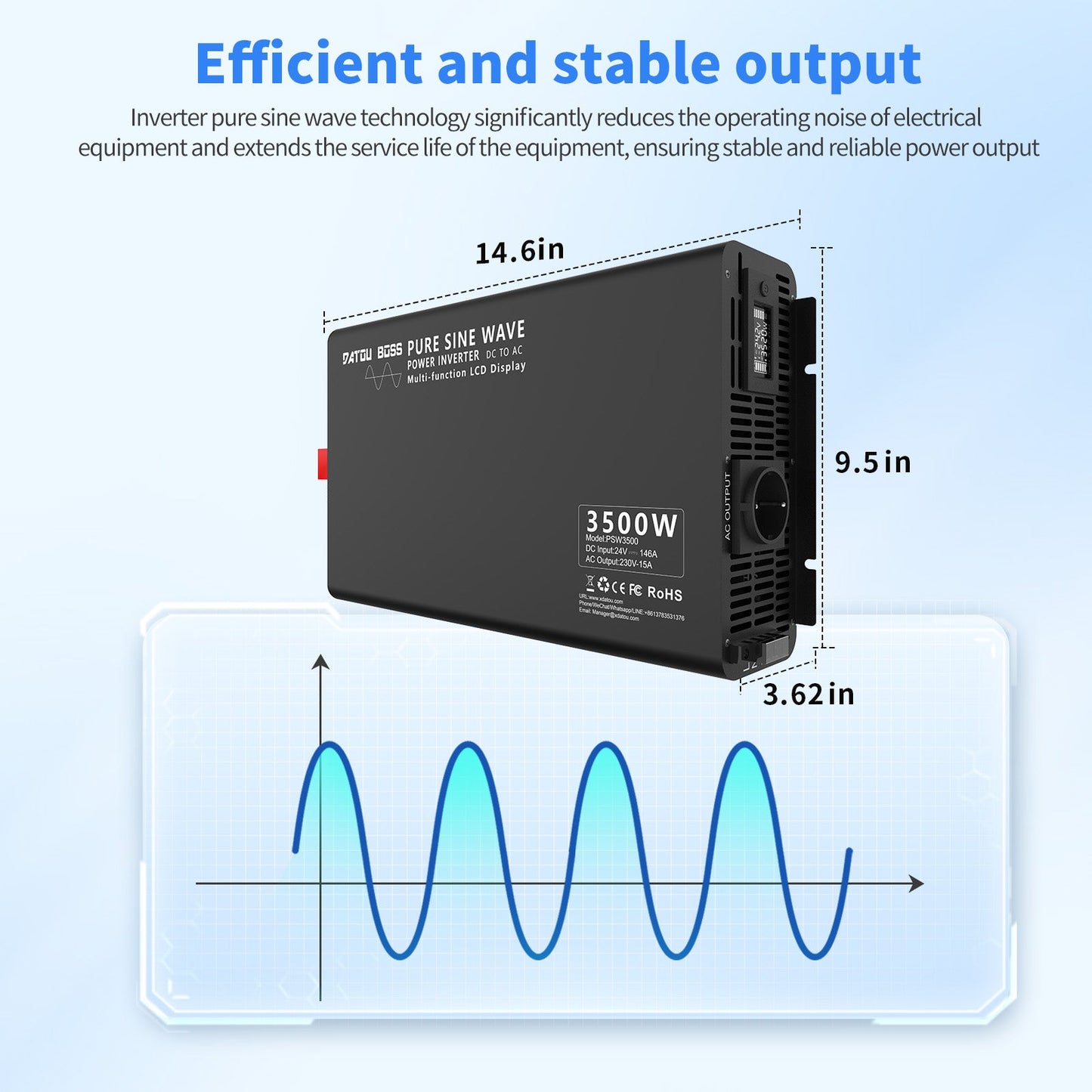 3500W Pure Sine Wave Inverter 24V to 220V with EU Socket Remote Control LCD Display for Cars Electrical Use