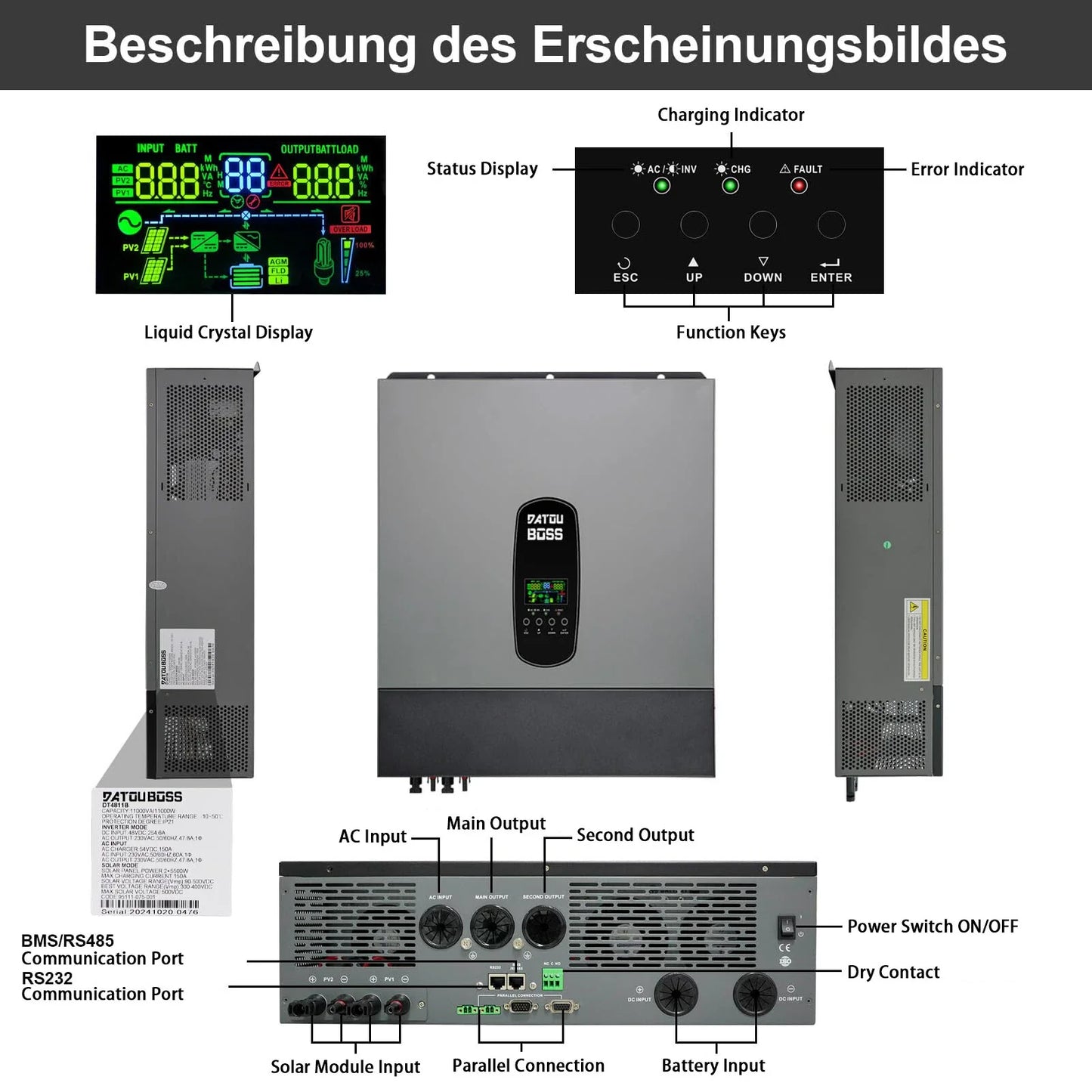 11000W Pure Sine Wave Hybrid Inverter 48 V DC to 230 V AC, which supports battery-free operation, supports parallel