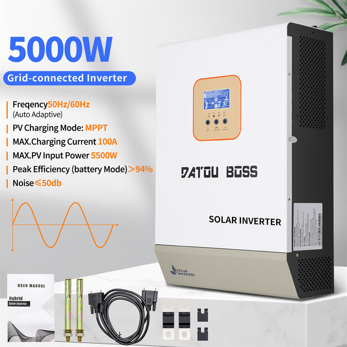 5000W Pure Sine Wave Hybrid Inverter 48V DC To 230V AC Off Grid Inverter With 100A MPPT Solar Controller LCD Display - 5000W