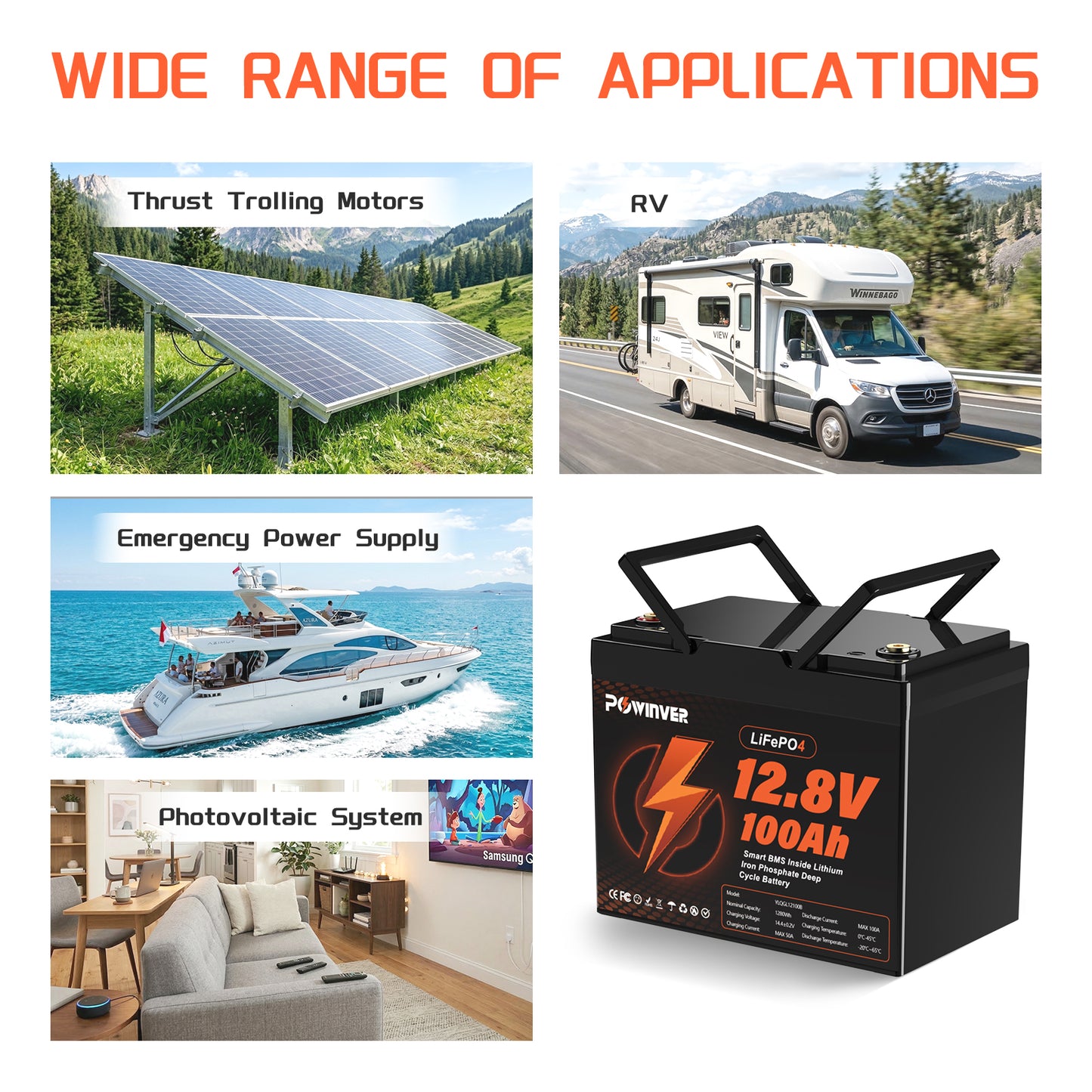 POWINVER LiFePO4 12V 100AH Rechargeable Battery with BMS