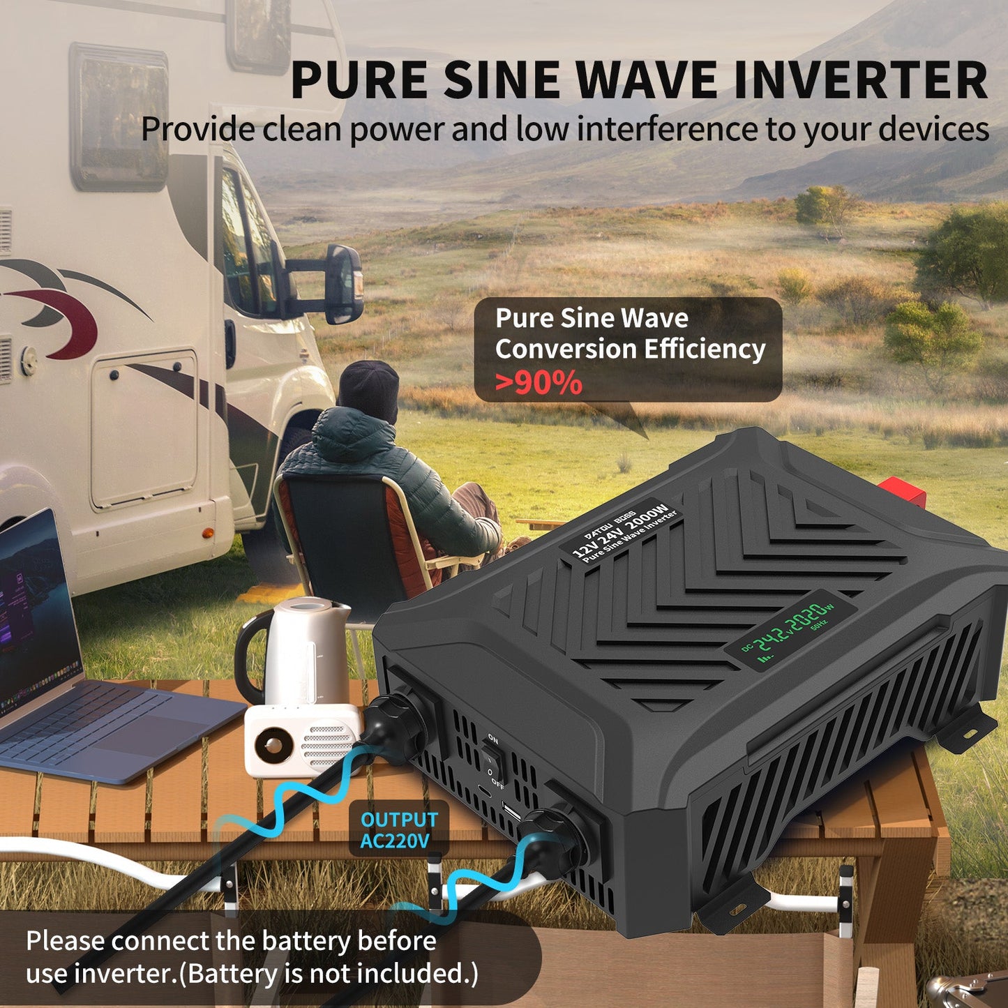 Portable Car Inverter 2000W Pure Sine Wave Dual Voltage Inverter 12V to 24V Auto Switching Solar Inverter