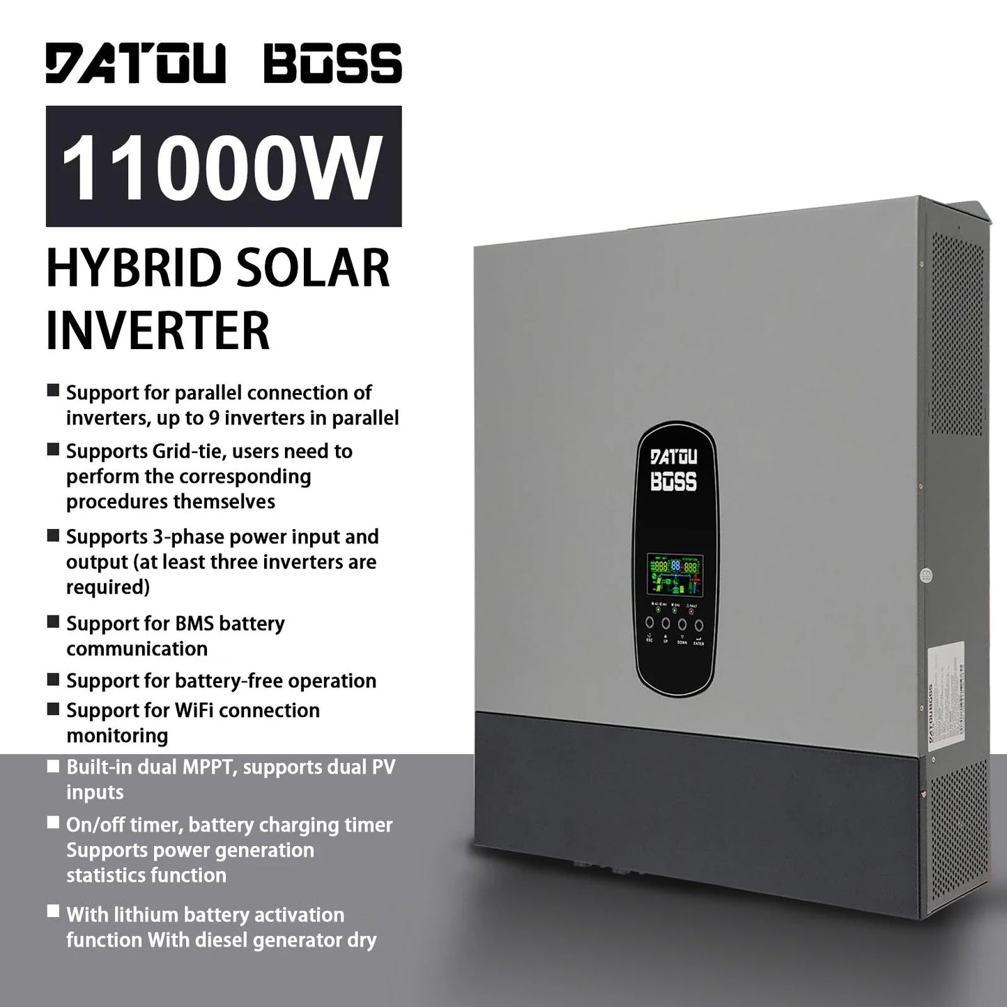 11000W Pure Sine Wave Hybrid Inverter 48 V DC to 230 V AC, which supports battery-free operation, supports parallel