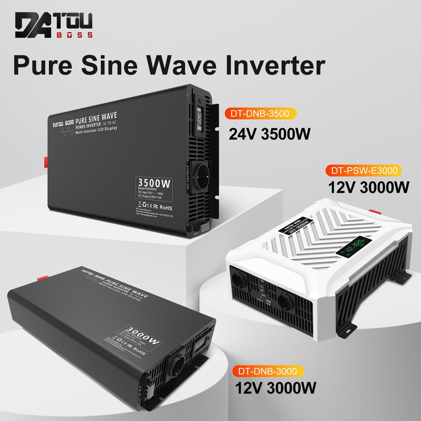 3500W Pure Sine Wave Inverter 24V to 220V with EU Socket Remote Control LCD Display for Cars Electrical Use
