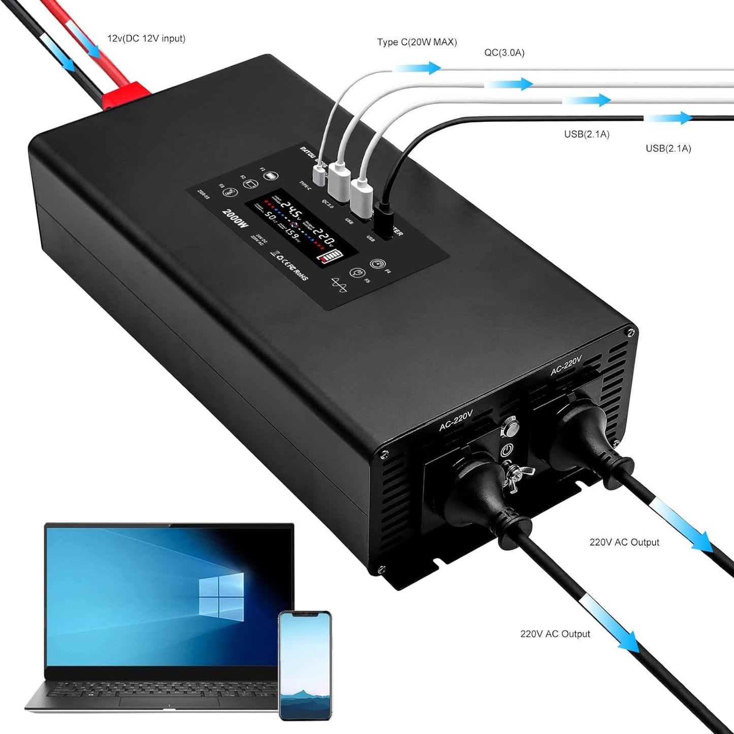 Pure Sine Wave Inverter DC 24V to AC 230V 2000W