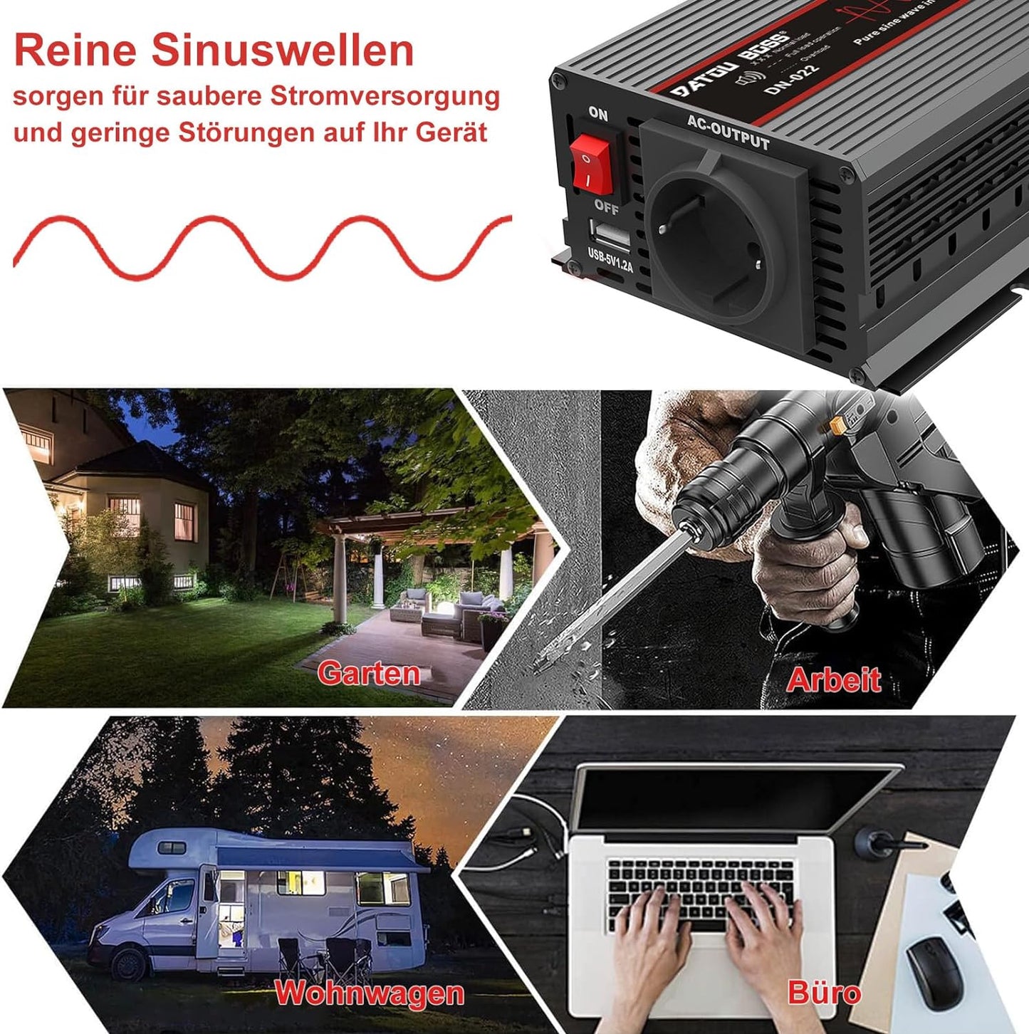Inverter 1500W DC12V-AC230V Pure Sine Wave Converter with LCD Display
