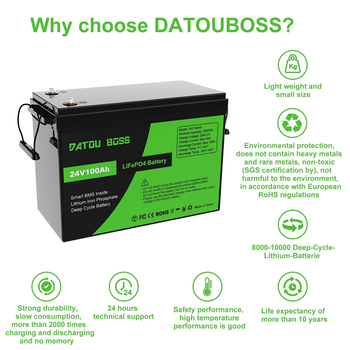 24V 100Ah LiFePO4 battery with BMS 8000Cycles for Inverter, Motorhome, Solar System, Boat, Household, Solar