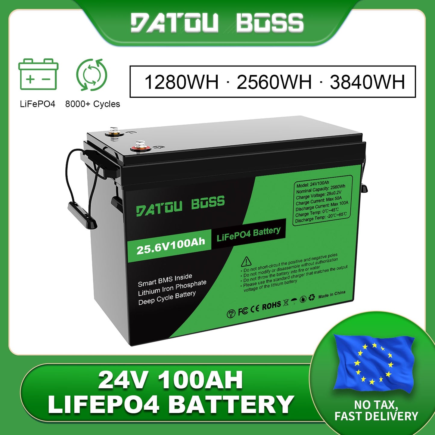 24V 100Ah LiFePO4 battery with BMS 8000Cycles for Inverter, Motorhome, Solar System, Boat, Household, Solar