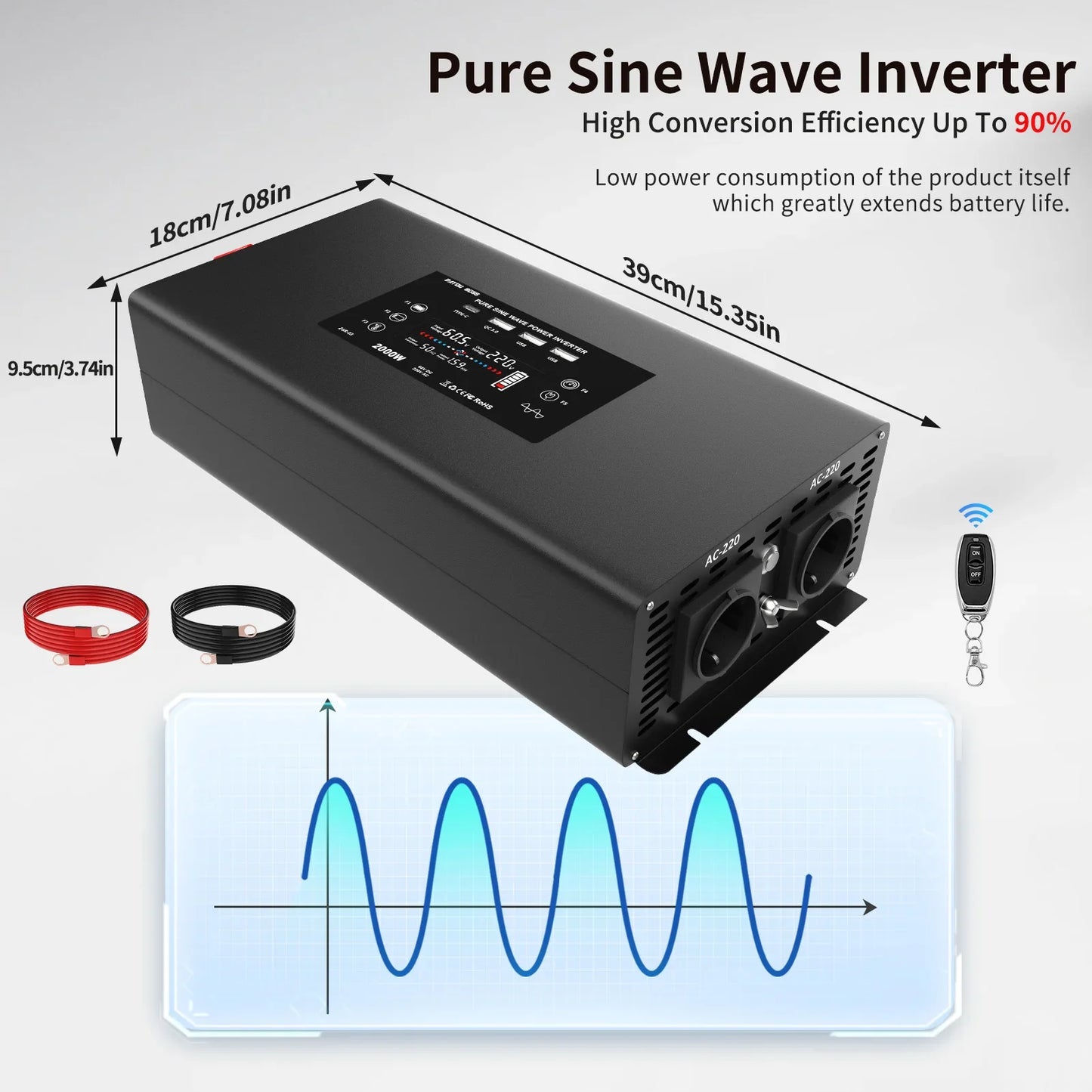 Inverter 2000W 12V To 230V Pure sine wave Converter LCD Display