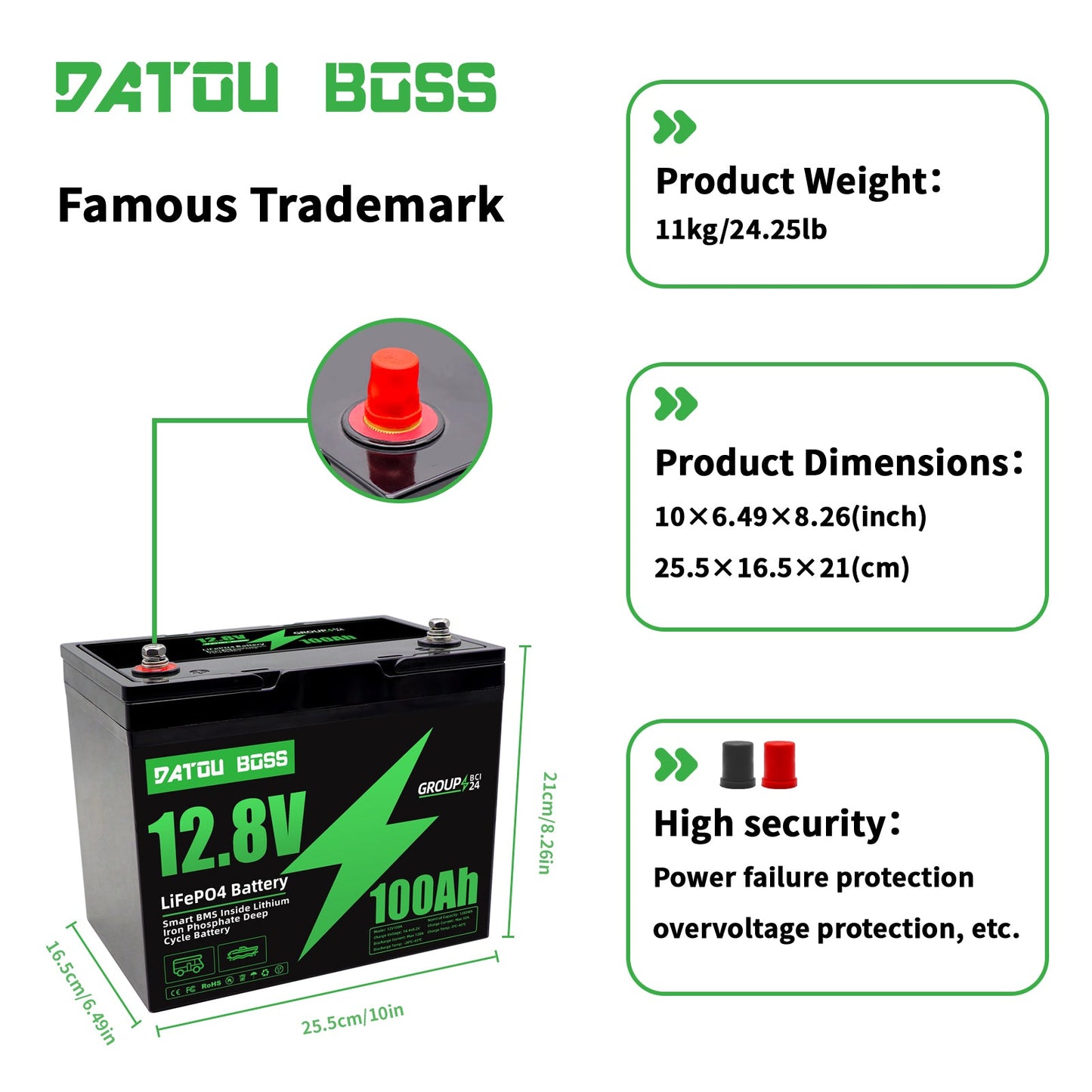 12V 100Ah LiFePO4 Built-in 100A BMS Max 15000 cycles