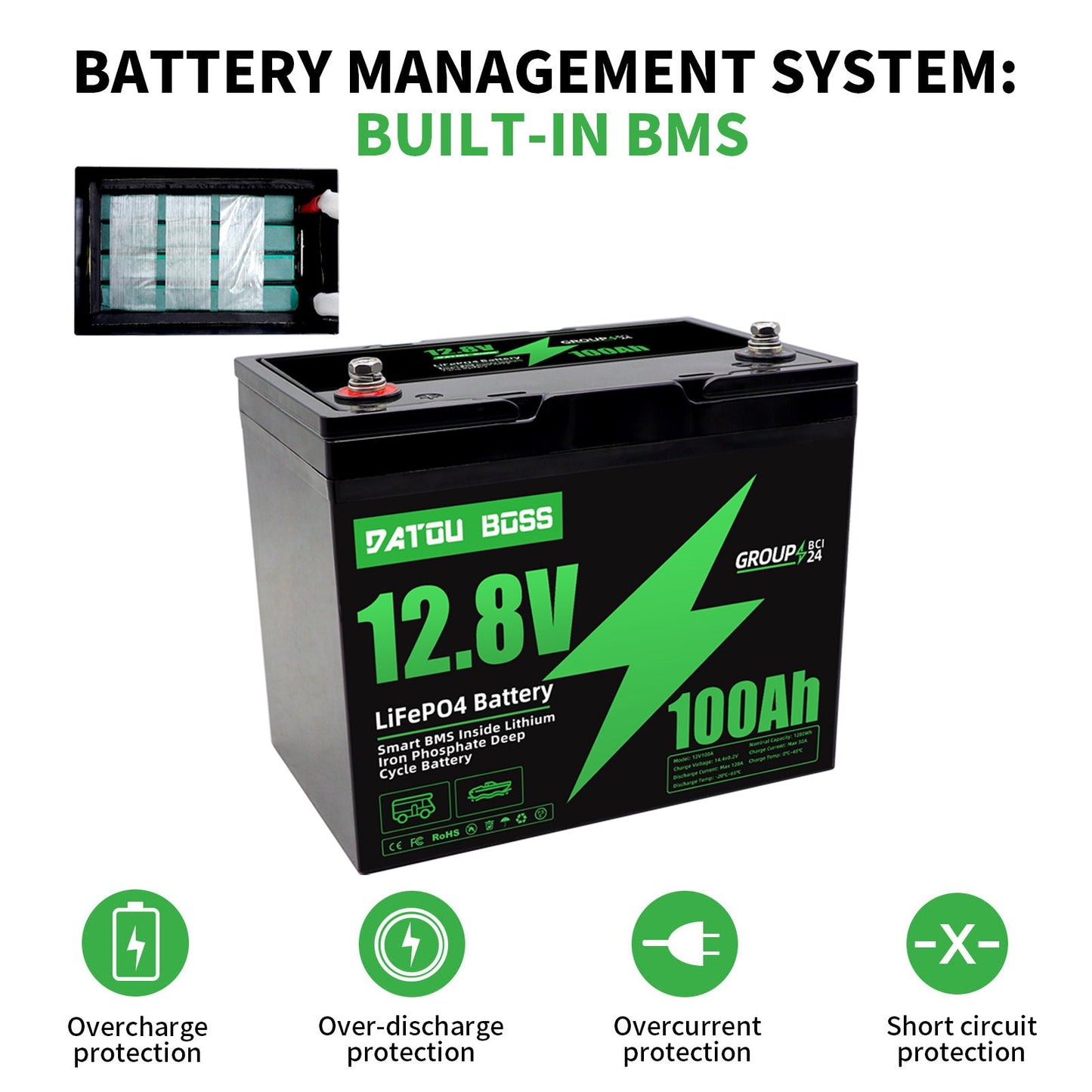 12V 100Ah LiFePO4 Built-in 100A BMS Max 15000 cycles