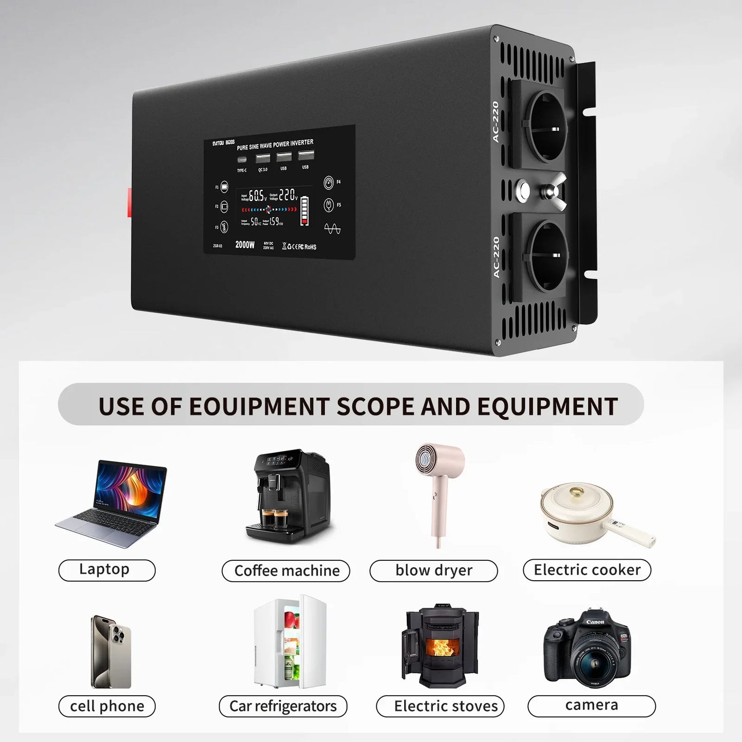 Inverter 2000W 12V To 230V Pure sine wave Converter LCD Display