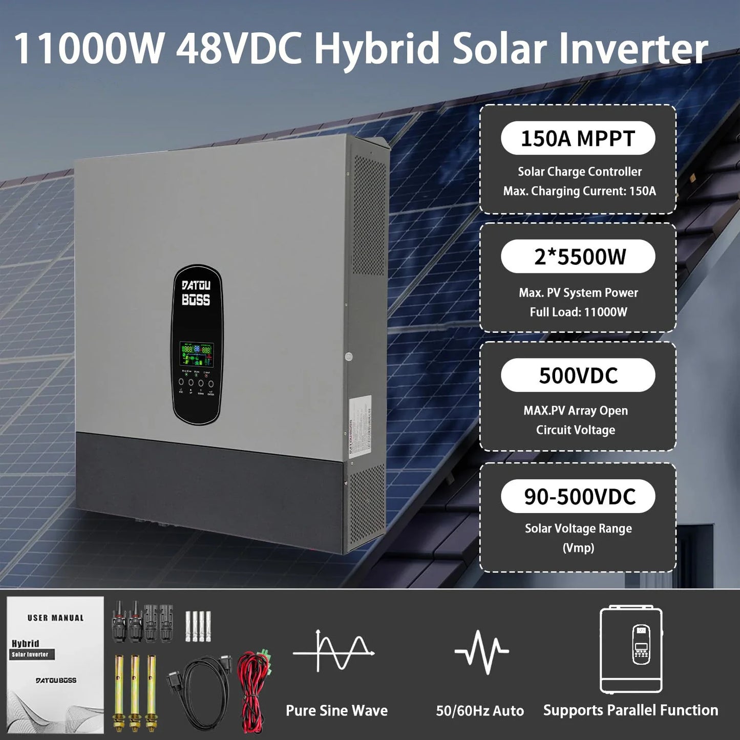 11000W Pure Sine Wave Hybrid Inverter 48 V DC to 230 V AC, which supports battery-free operation, supports parallel