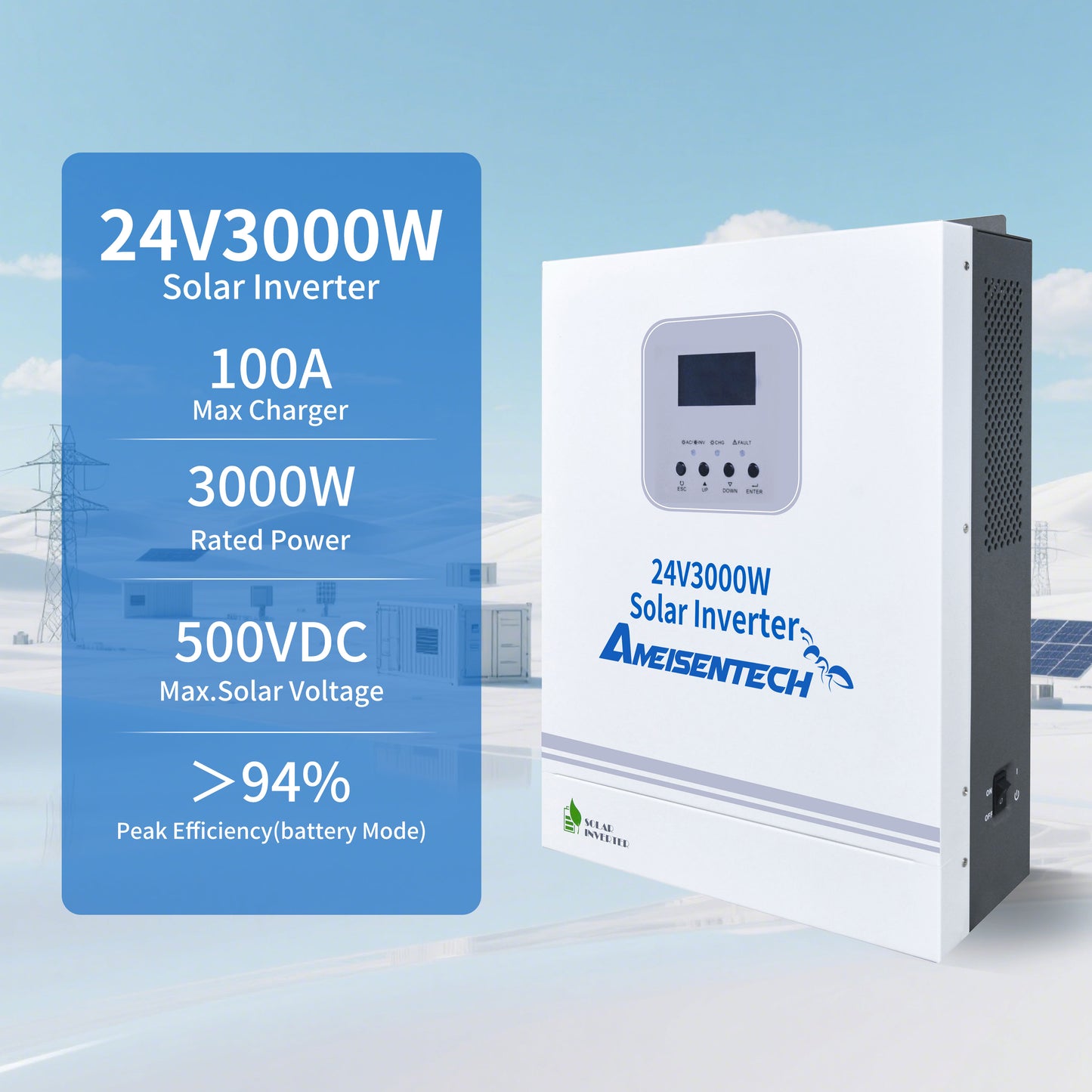 AMEISENTECH 24V 3000W 220/230/240VAC Solar Inverter 6000VA with Wifi MPPT LED