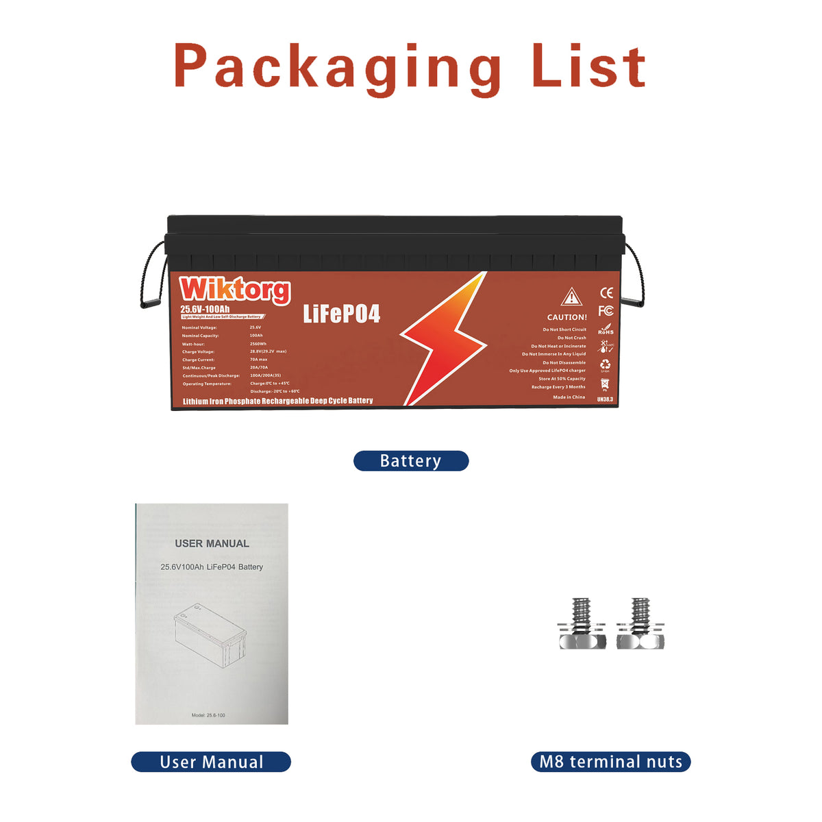 WIKTORG 25.6V 100ah LiFePO4 Battery （LFP）Rechargeable Battery with BMS (Copy)