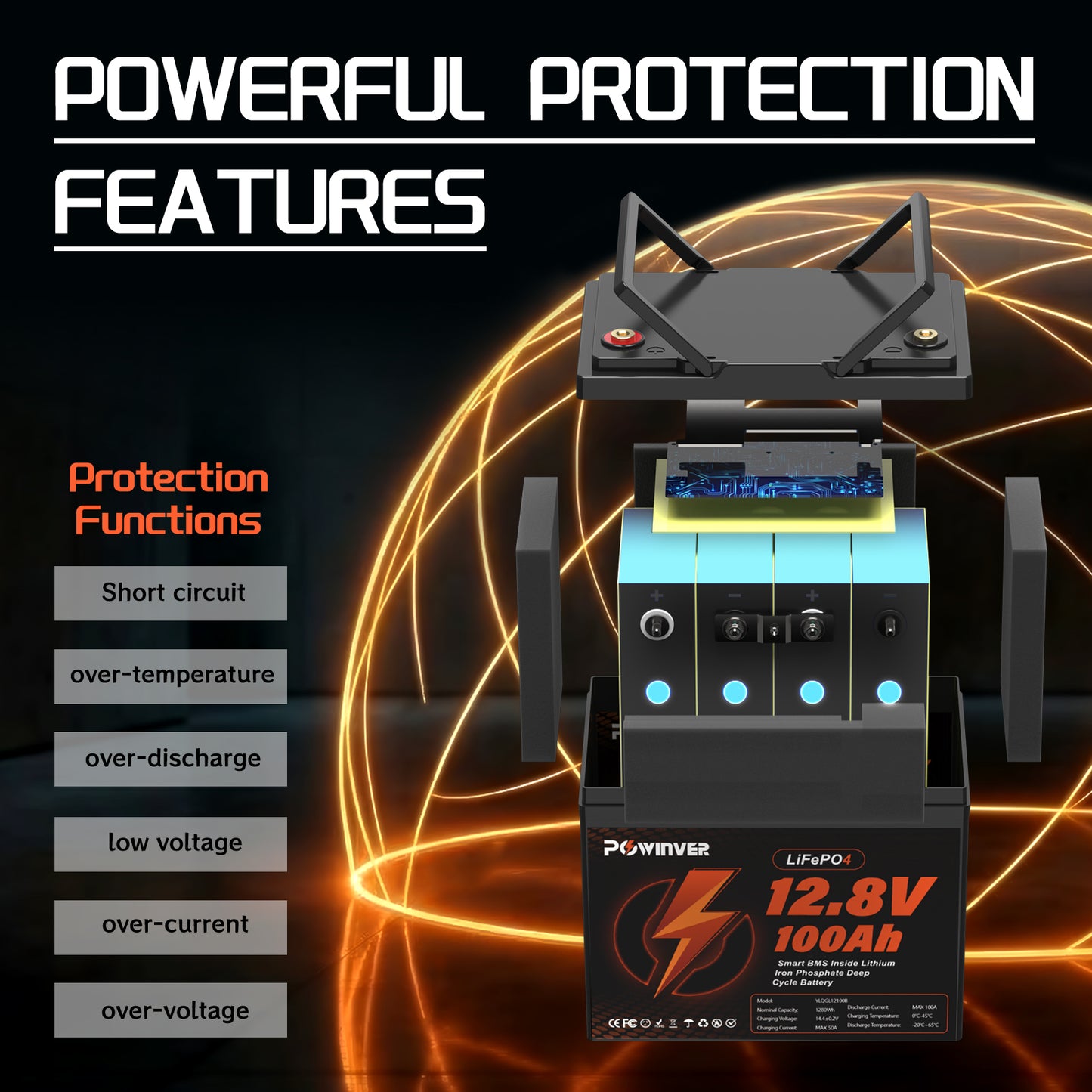 POWINVER LiFePO4 12V 100AH Rechargeable Battery with BMS