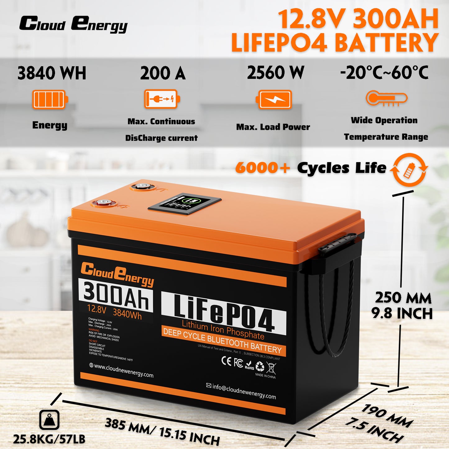 CloudEnergy 12.8V 300Ah LiFePO4 Rechargeable Battery 200A BMS Bluetooth