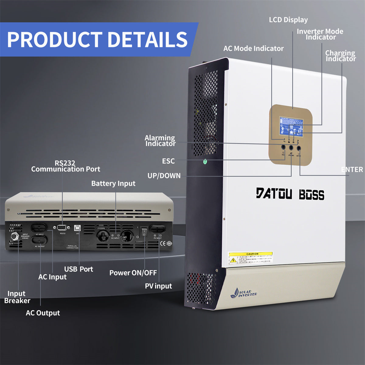 5000W Pure Sine Wave Hybrid Inverter 48V DC To 230V AC Off Grid Inverter With 100A MPPT Solar Controller LCD Display - 5000W