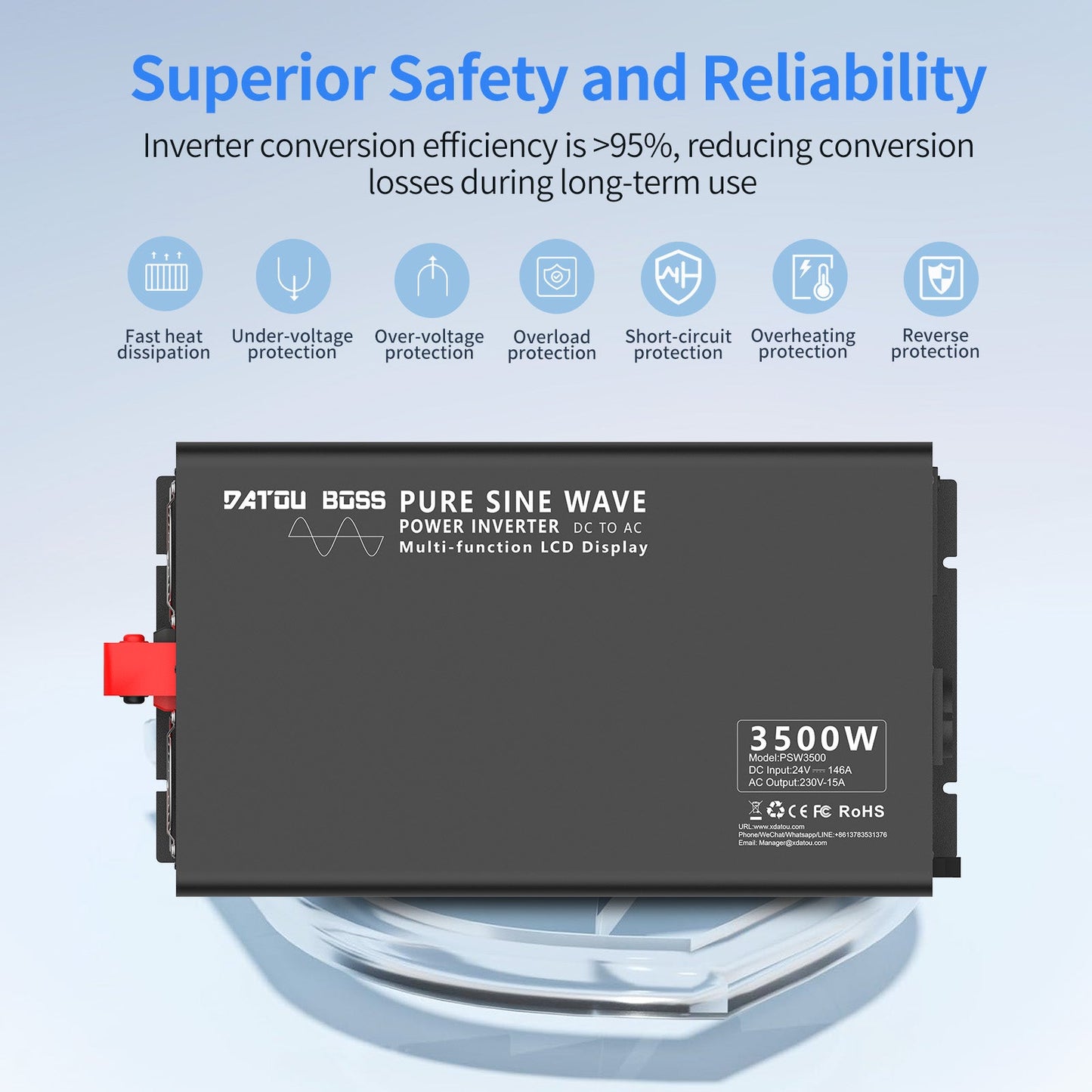 3500W Pure Sine Wave Inverter 24V to 220V with EU Socket Remote Control LCD Display for Cars Electrical Use