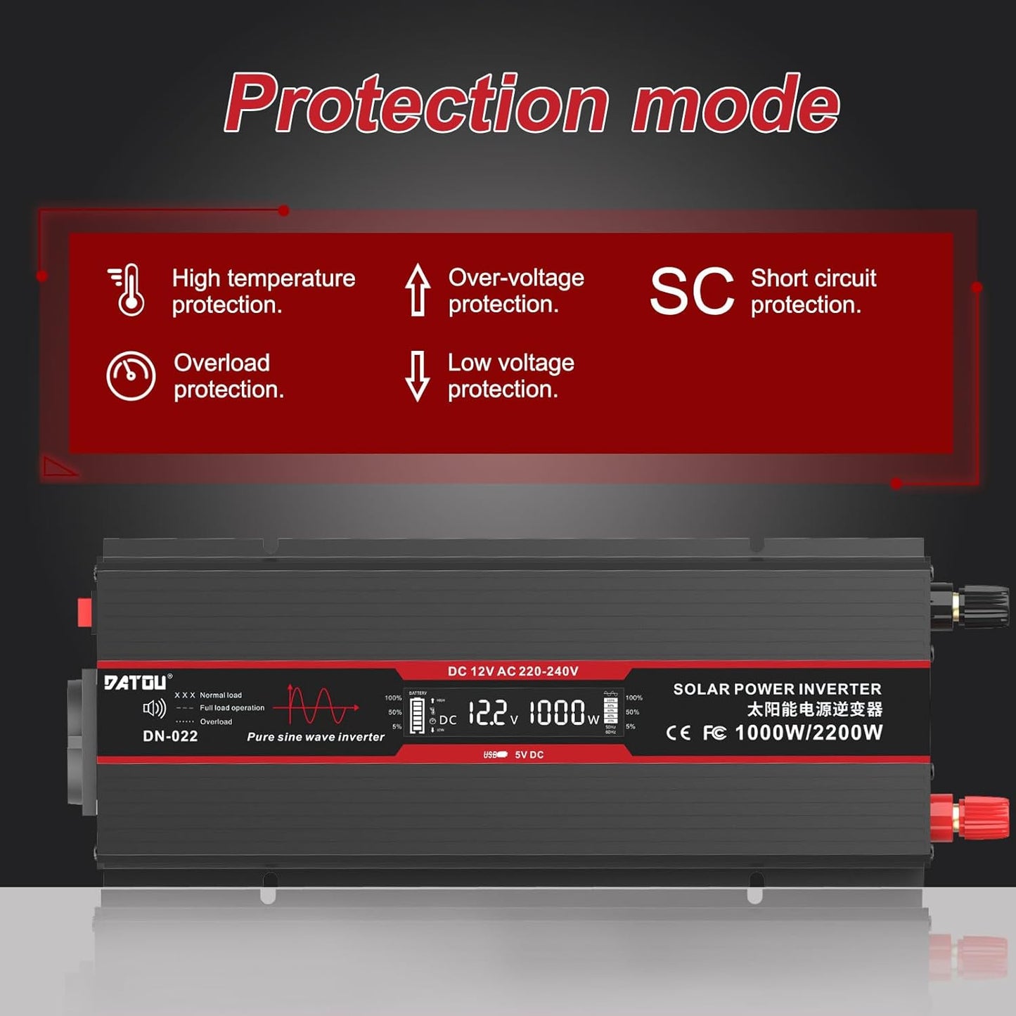 Inverter 1000W DC12V-AC230V Pure Sine Wave Converter with LCD Display