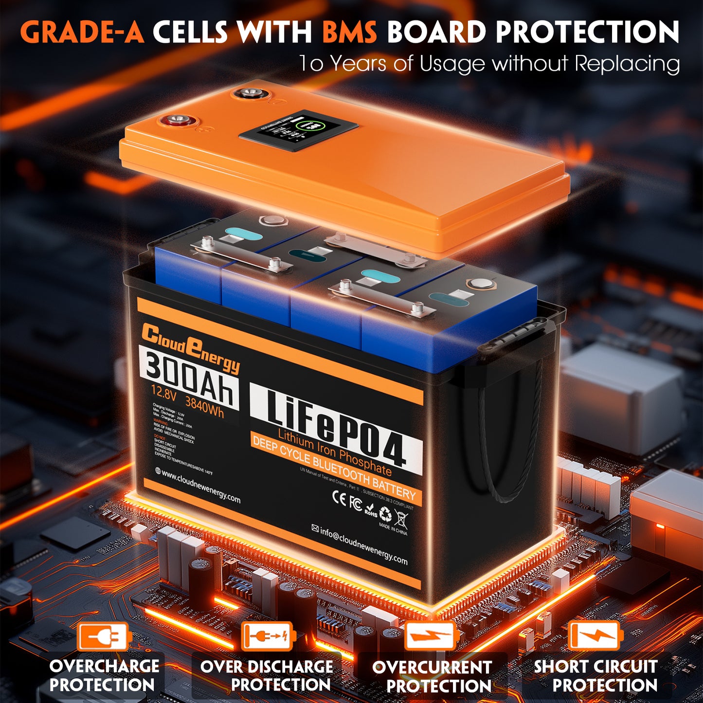 CloudEnergy 12.8V 300Ah LiFePO4 Rechargeable Battery 200A BMS Bluetooth