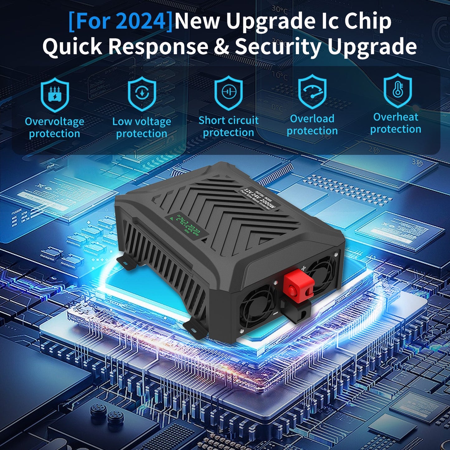 Portable Car Inverter 2000W Pure Sine Wave Dual Voltage Inverter 12V to 24V Auto Switching Solar Inverter