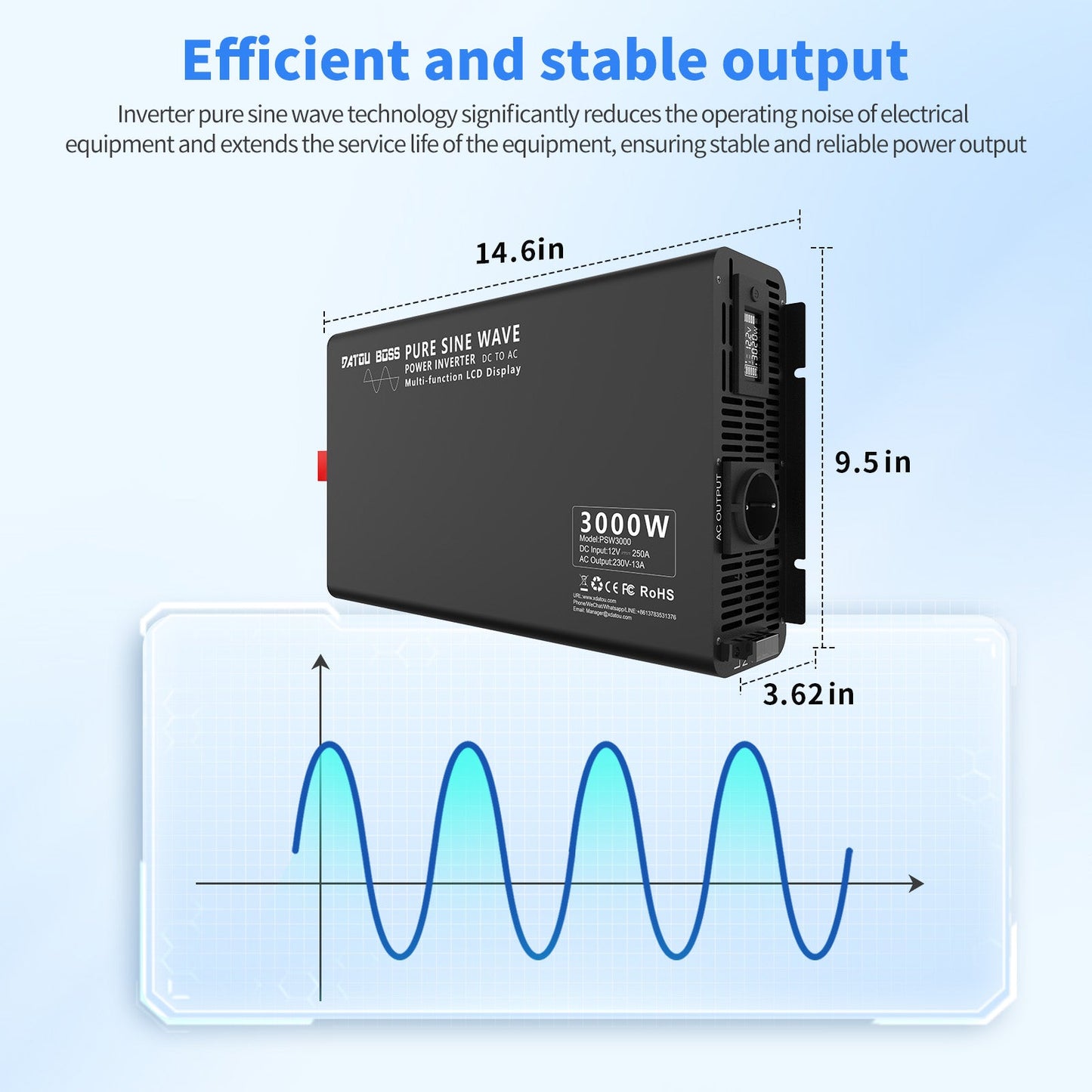 3000W Pure Sine Wave Inverter 12V to 220V with EU Socket Remote Control LCD Display for Cars Electrical Use