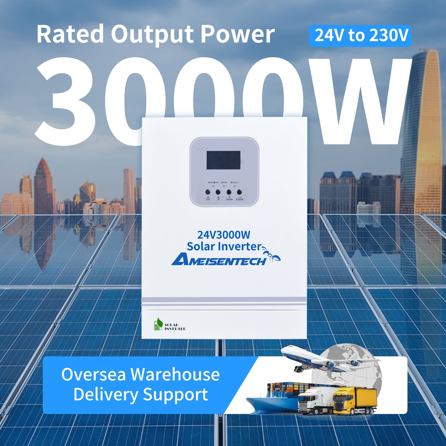 AMEISENTECH 24V 3000W 220/230/240VAC Solar Inverter 6000VA with Wifi MPPT LED