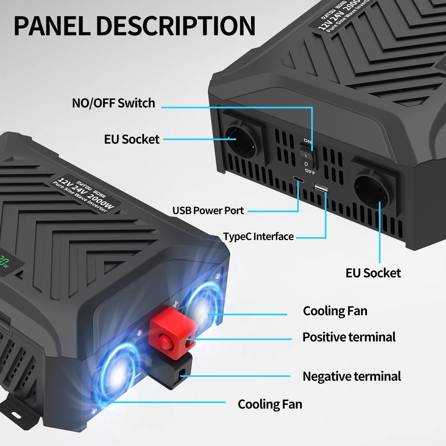 Portable Car Inverter 2000W Pure Sine Wave Dual Voltage Inverter 12V to 24V Auto Switching Solar Inverter