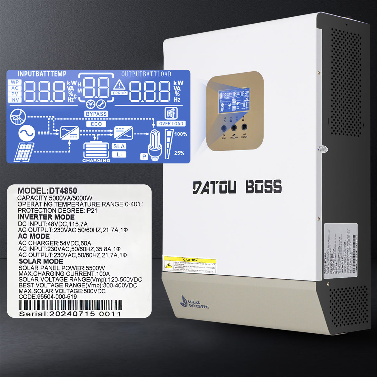 5000W Pure Sine Wave Hybrid Inverter 48V DC To 230V AC Off Grid Inverter With 100A MPPT Solar Controller LCD Display - 5000W
