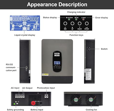 6200W Pure Sine Wave Hybrid Inverter 48V DC to 230V AC, battery-free 120A MPPT for lead-acid and lifepo4 batteres