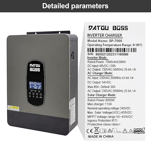 6200W Pure Sine Wave Hybrid Inverter 48V DC to 230V AC, battery-free 120A MPPT for lead-acid and lifepo4 batteres