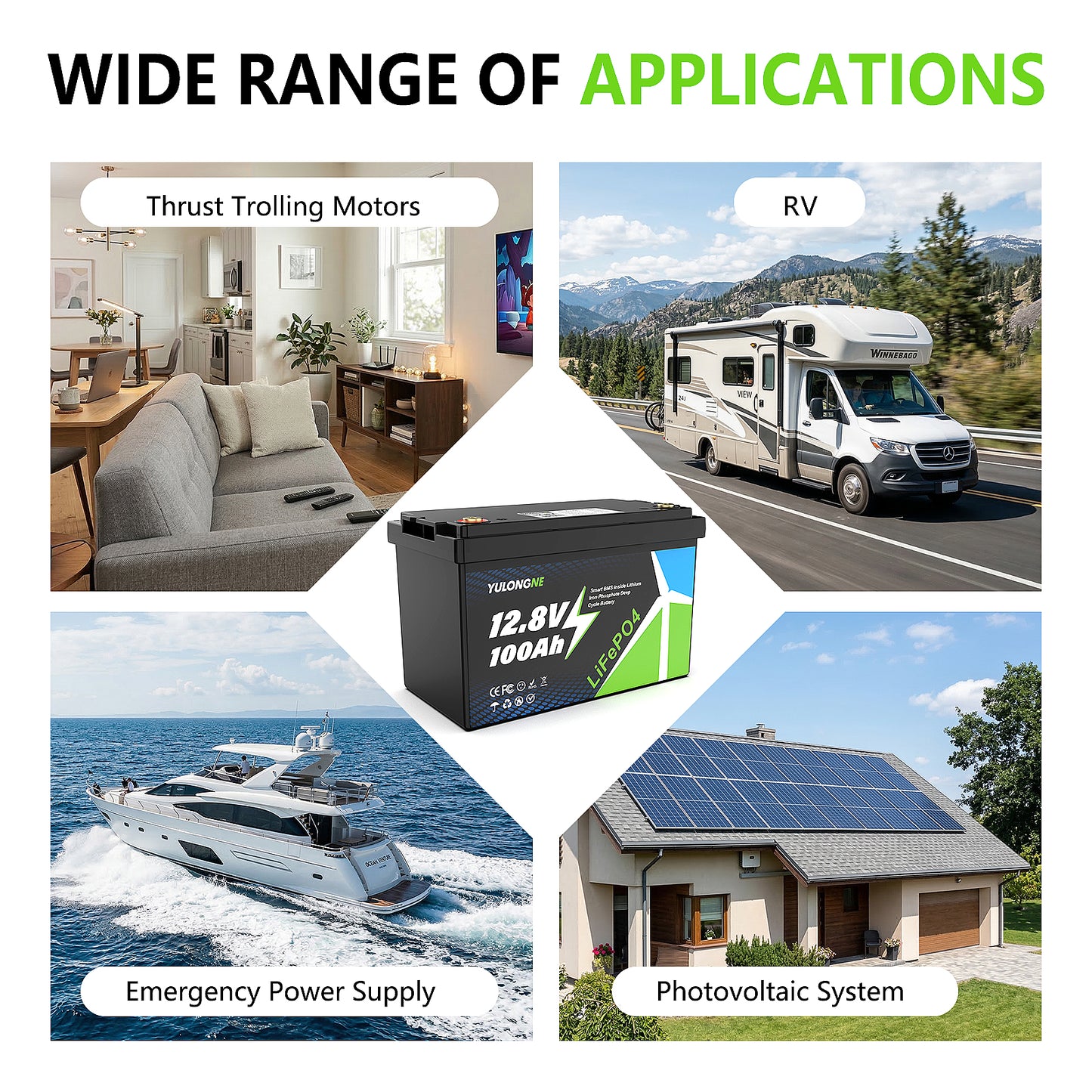YULONGNE LiFePO4 12V 100AH Rechargeable Battery with BMS