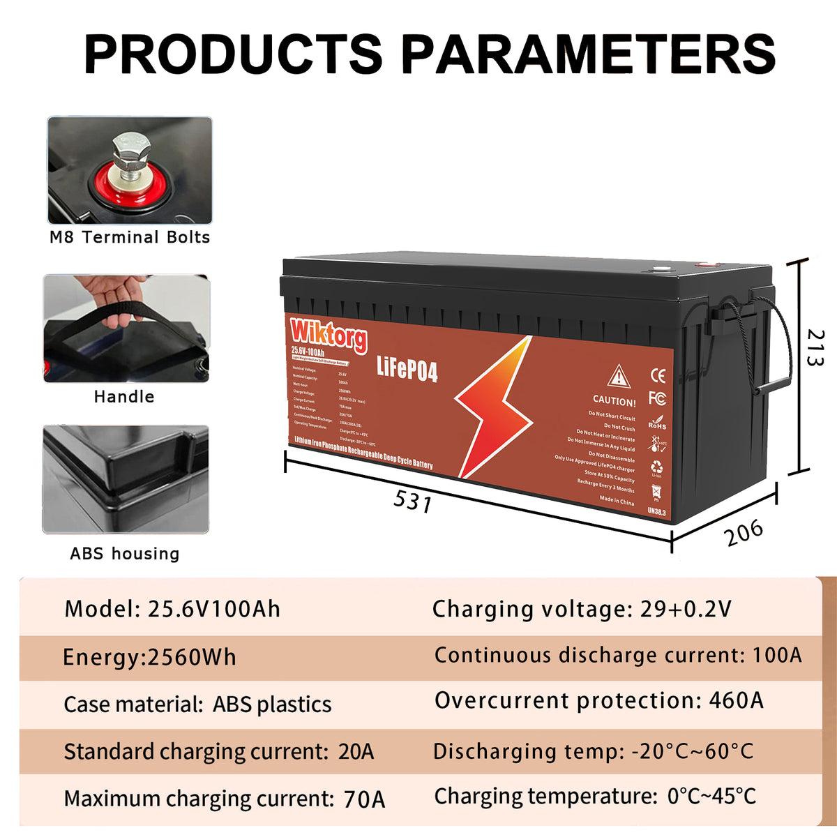 WIKTORG 25.6V 100ah LiFePO4 Battery （LFP）Rechargeable Battery with BMS (Copy)